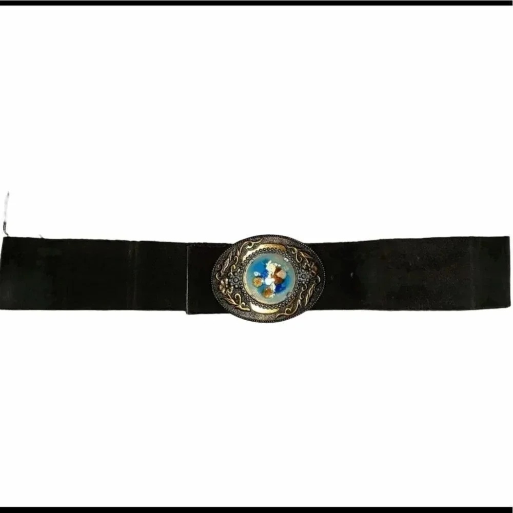 Vintage Artsy Boho  Black + dark brown suede belt brushed gold‎ buckle